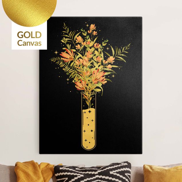 Leinwandbild Gold - Blumen im Reagenzglas - Hochformat 3:4