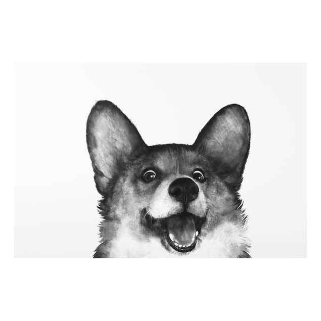Glasbild - Illustration Hund Corgi Weiß Schwarz Malerei - Querformat 2:3