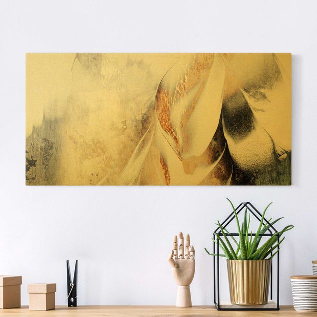 Leinwandbild Gold - Goldene abstrakte Wintermalerei - Querformat 2:1