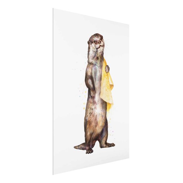Glasbild Tiere Illustration Otter mit Handtuch Malerei Weiß