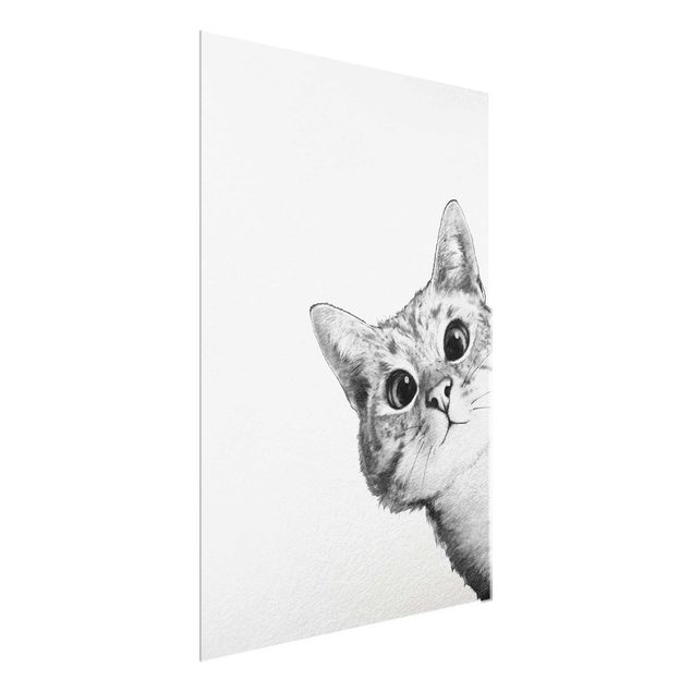 Schwarz-Weiß Glasbilder Illustration Katze Zeichnung Schwarz Weiß