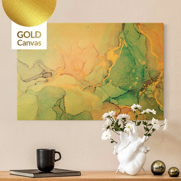 Leinwandbild Gold - Aquarell Pastell Bunt mit Gold - Querformat 3:2