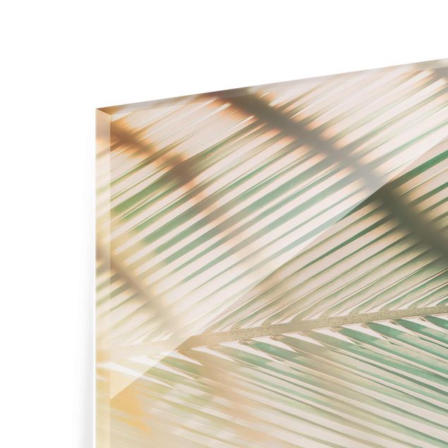 Glasbild - Tropische Pflanzen Palmen bei Sonnenuntergang II - Hochformat 3:2