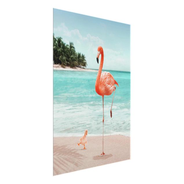 XXL Glasbilder Strand mit Flamingo
