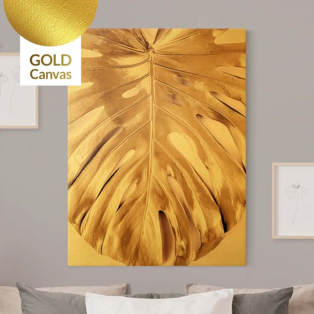 Leinwandbild Gold - Goldenes Monsterablatt auf Rosa - Hochformat 3:4