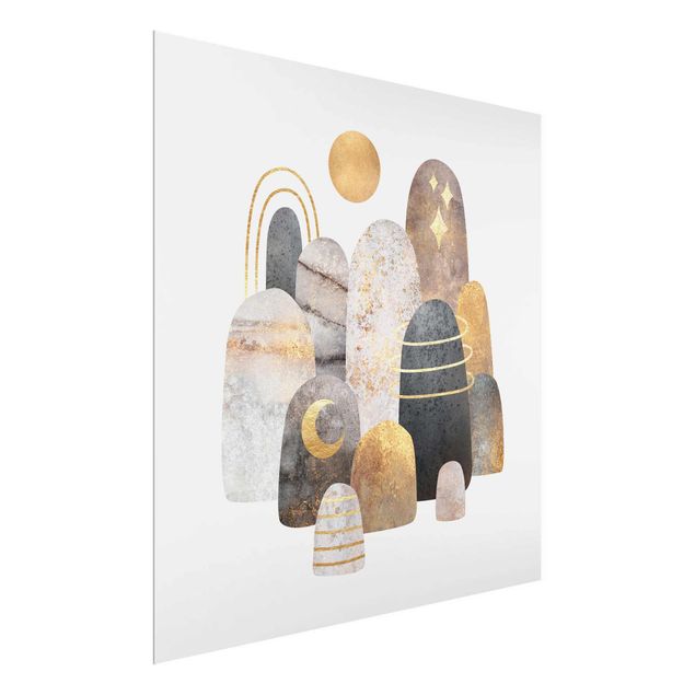 Glasbild - Elisabeth Fredriksson - Gold Berge mit Mond - Quadrat 1:1