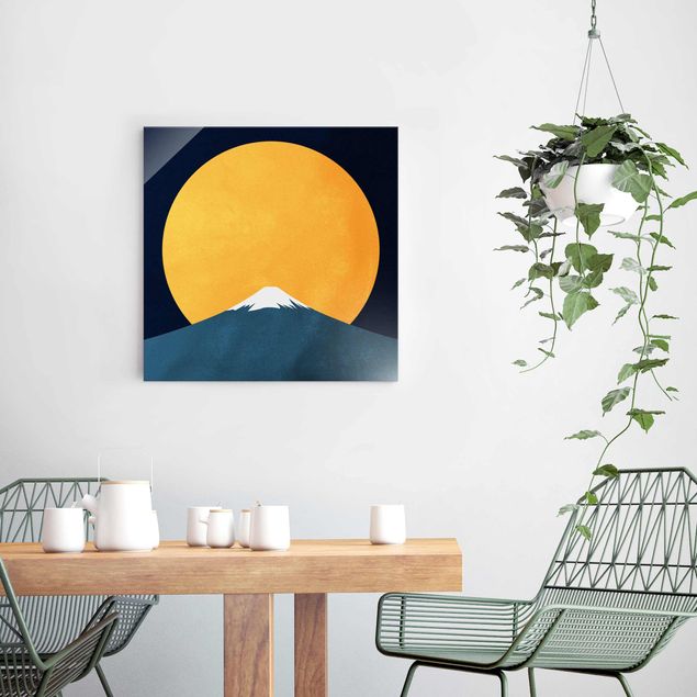 Glasbilder Landschaften Sonne, Mond und Berge
