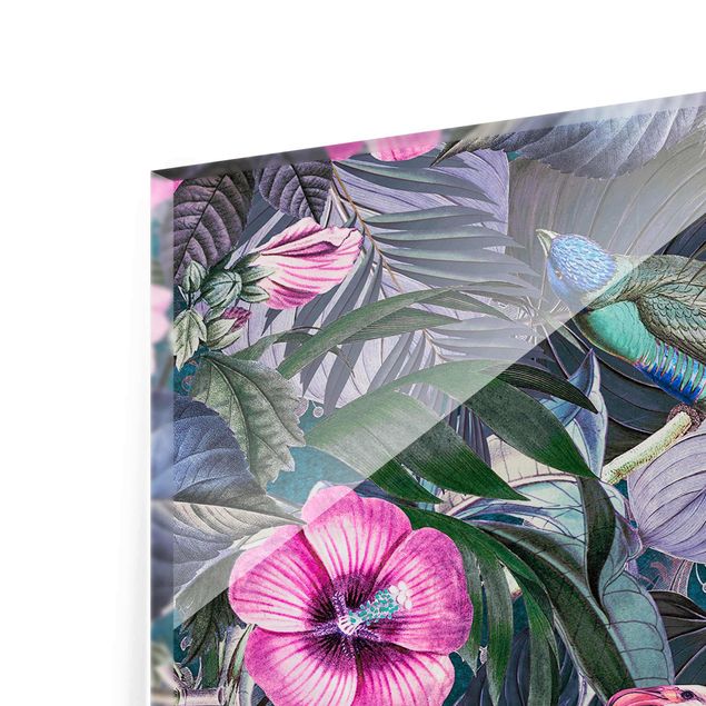 Glasbild - Bunte Collage - Pinke Flamingos im Dschungel - Hochformat 3:2