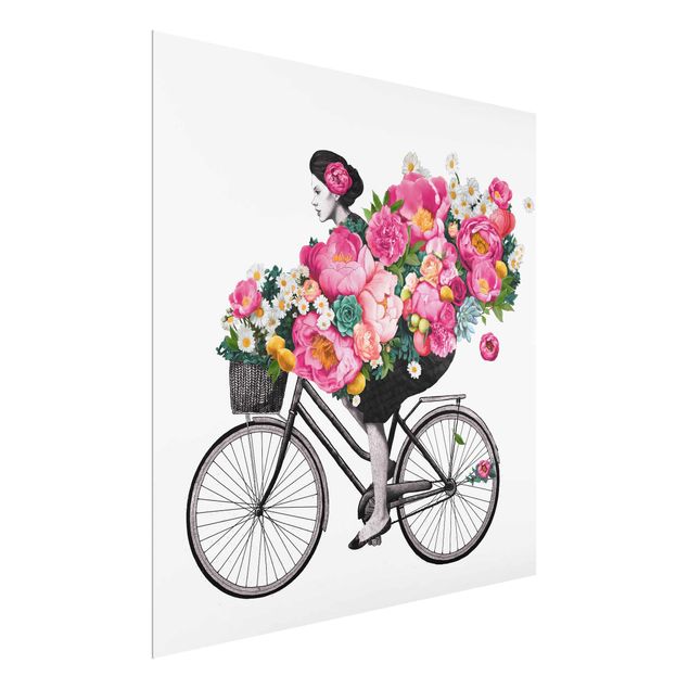 Glasbild Natur Illustration Frau auf Fahrrad Collage bunte Blumen