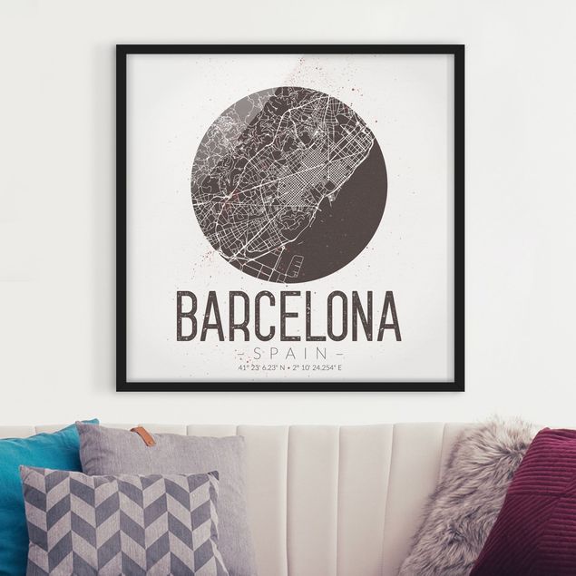 Gerahmte Bilder Sprüche Stadtplan Barcelona - Retro