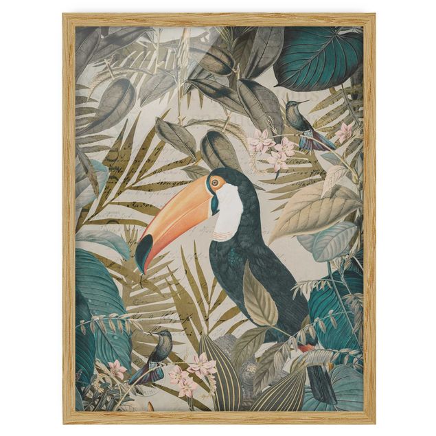 Kunstdruck Bilder mit Rahmen Vintage Collage - Tukan im Dschungel