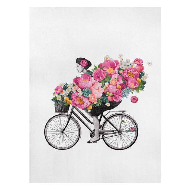 Moderne Leinwandbilder Wohnzimmer Illustration Frau auf Fahrrad Collage bunte Blumen