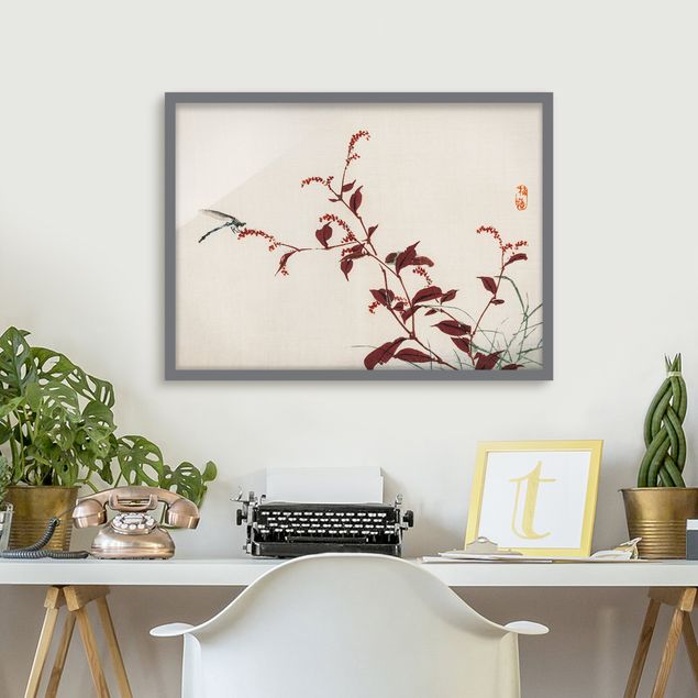Vintage Bilder mit Rahmen Asiatische Vintage Zeichnung Roter Zweig mit Libelle