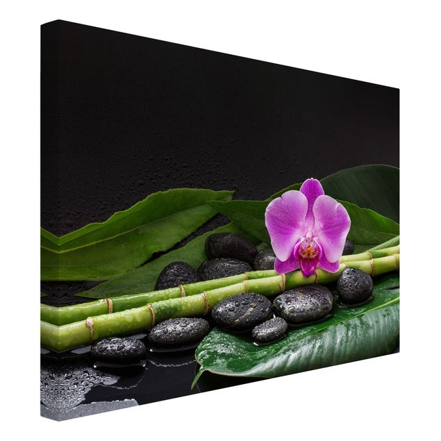 Leinwandbild Kunstdruck Grüner Bambus mit Orchideenblüte