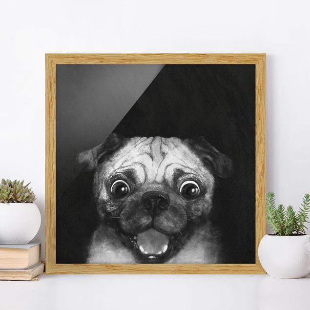 Wandbilder Tiere Illustration Hund Mops Malerei auf Schwarz Weiß