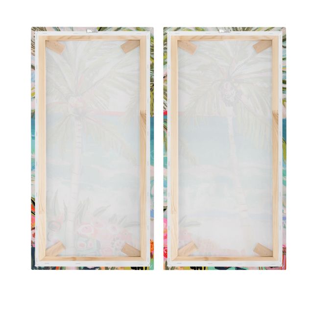 Leinwandbild 2-teilig - Palme mit pinken Blumen Set I - Hoch 2:1