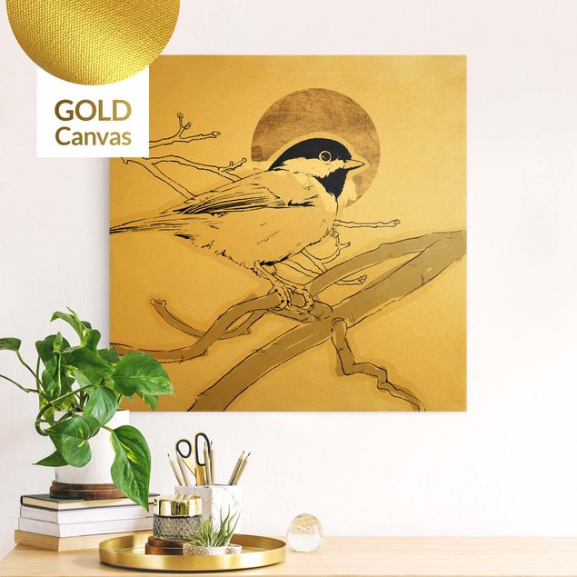 Leinwandbild Gold - Vogel vor goldener Sonne I - Quadrat 1:1