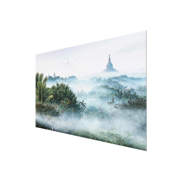 Glasbild - Morgennebel über dem Dschungel von Bagan - Querformat 3:2