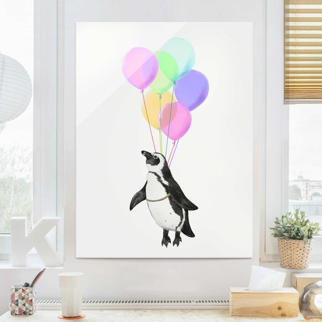 Glasbild - Illustration Pinguin Pastell Luftballons - Hochformat 4:3
