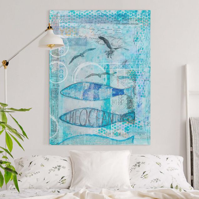 Wandbilder XXL Bunte Collage - Blaue Fische