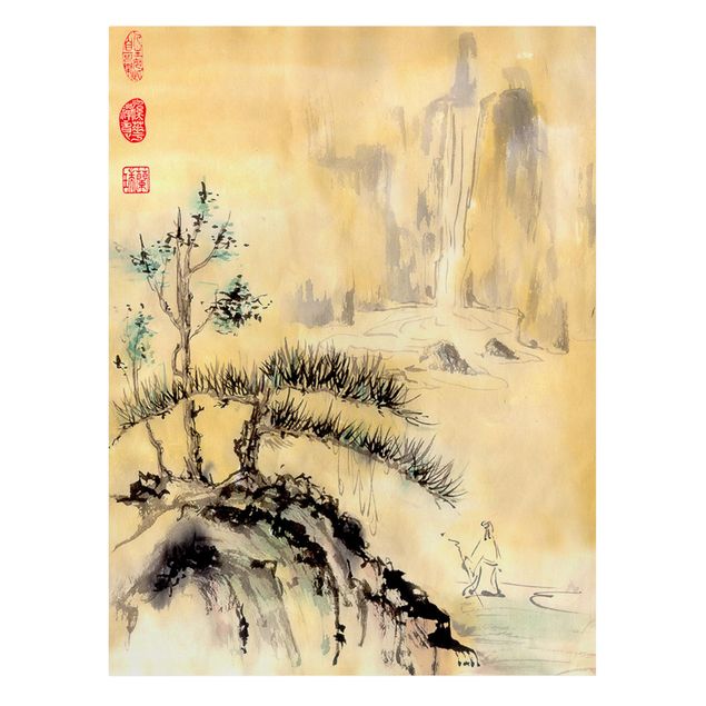 Retro Wandbilder Japanische Aquarell Zeichnung Zedern und Berge