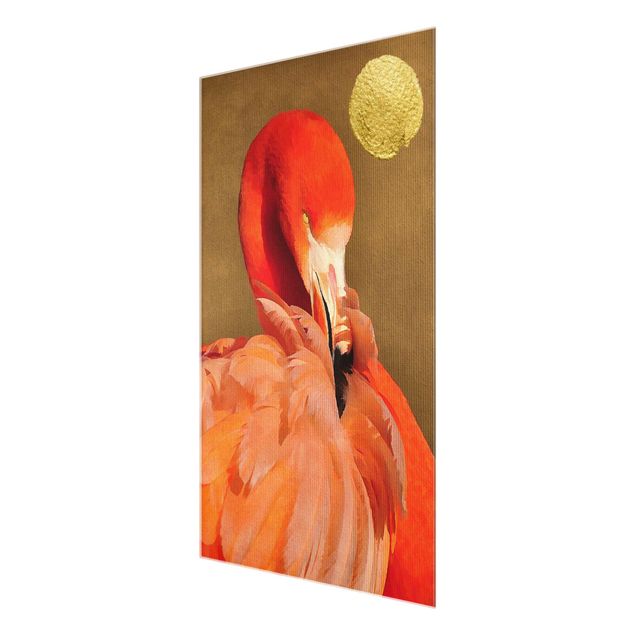 Glasbild - Goldener Mond mit Flamingo - Hochformat 3:2