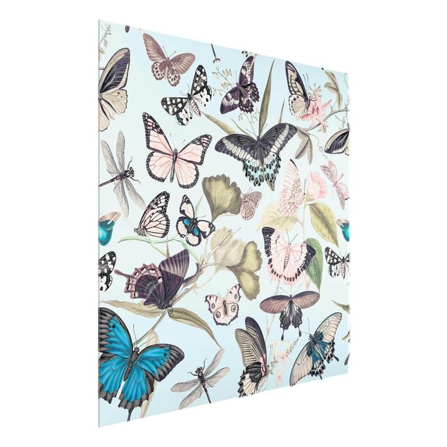 Glasbild Natur Vintage Collage - Schmetterlinge und Libellen