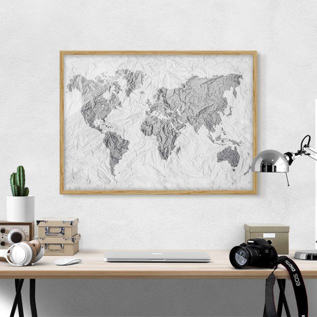 Schwarz-Weiß Bilder mit Rahmen Papier Weltkarte Weiß Grau
