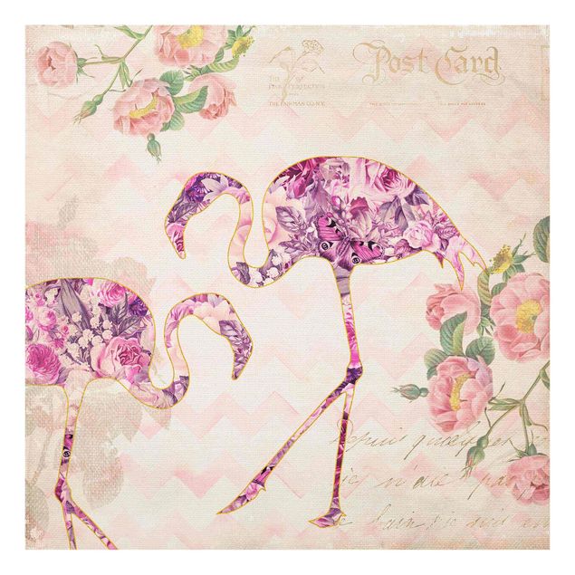 Bilder für die Wand Vintage Collage - Rosa Blüten Flamingos