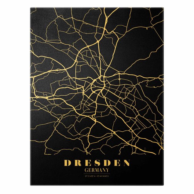 Leinwandbild Gold - Stadtplan Dresden - Klassik Schwarz - Hochformat 3:4