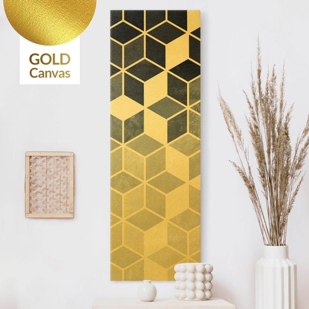 Leinwandbild Gold - Goldene Geometrie - Blau Weiß - Hochformat 1:3
