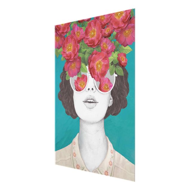 Glasbild - Illustration Portrait Frau Collage mit Blumen Brille - Hochformat 4:3