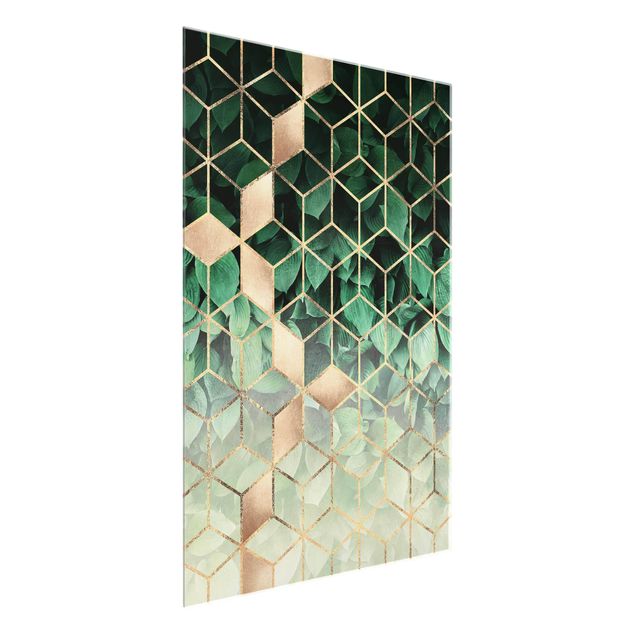 Wandbilder Glas XXL Grüne Blätter goldene Geometrie