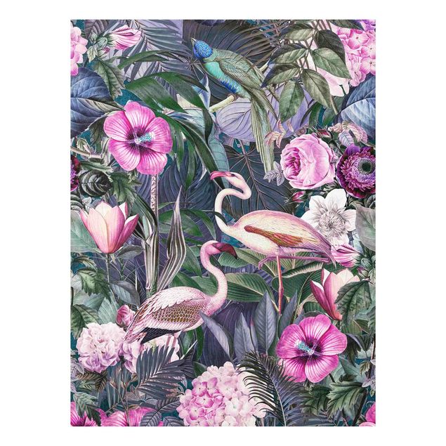 Wandbilder Bunte Collage - Pinke Flamingos im Dschungel