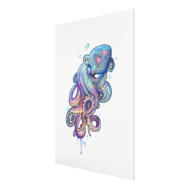 Glasbilder Illustration Oktopus Violett Türkis Malerei