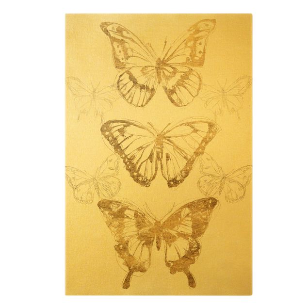 Leinwandbild Gold - Schmetterlingskomposition in Gold II - Hochformat 2:3