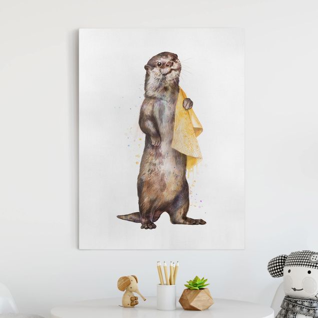Bilder auf Leinwand Illustration Otter mit Handtuch Malerei Weiß