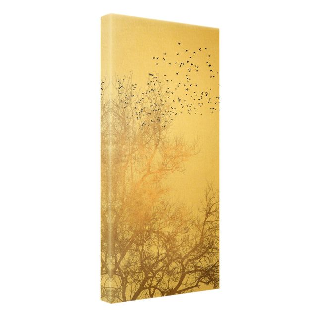 Leinwandbild Gold - Vogelschwarm vor goldenem Baum - Hochformat 1:2