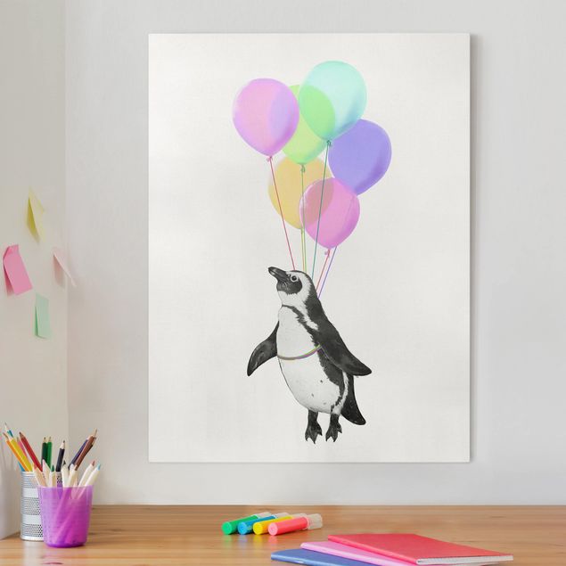 Schöne Wandbilder Illustration Pinguin Pastell Luftballons
