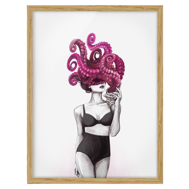 Wandbilder mit Rahmen Illustration Frau in Unterwäsche Schwarz Weiß Oktopus