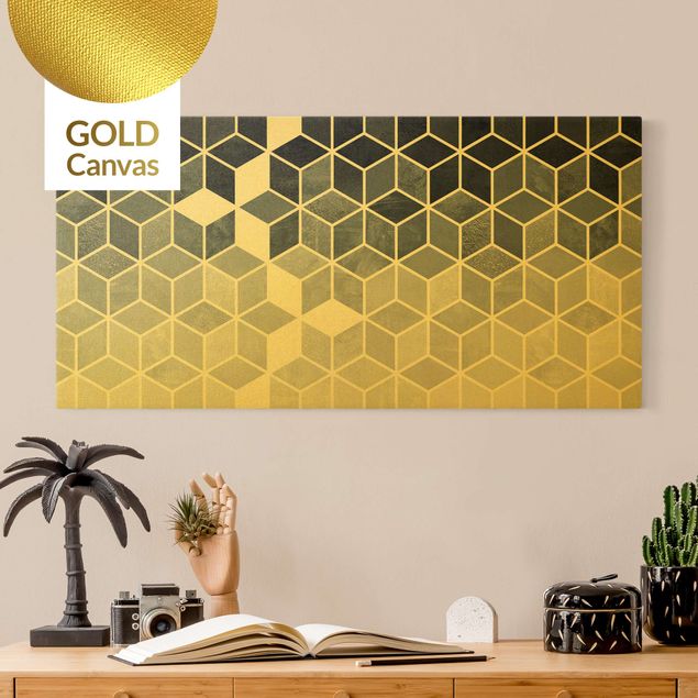 Leinwandbild Gold - Goldene Geometrie - Blau Weiß - Querformat 2:1