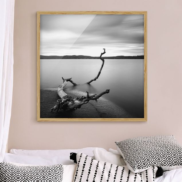 Bilder mit Rahmen Schwarz-Weiß Sonnenuntergang am See schwarz-weiß