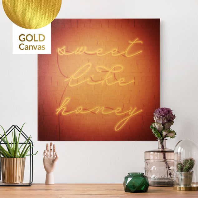 Leinwandbild Gold - Neon Schriftzug - sweet like honey - Quadrat 1:1