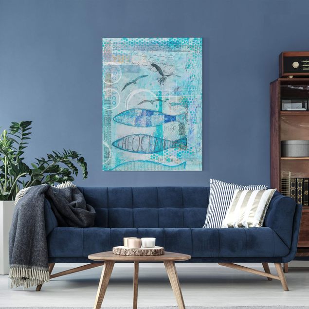 Wandbilder Fische Bunte Collage - Blaue Fische