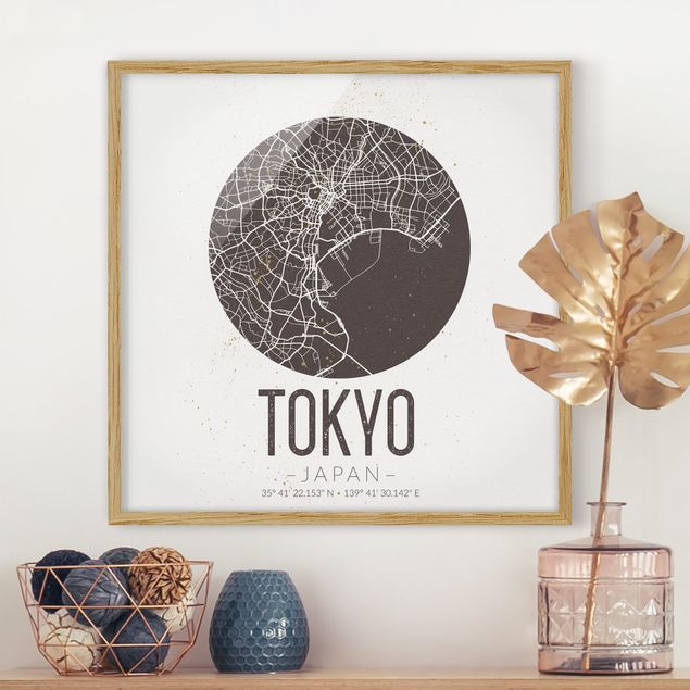 Bilder mit Rahmen Schwarz-Weiß Stadtplan Tokyo - Retro