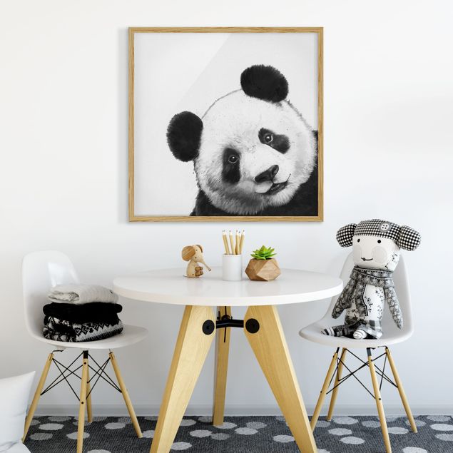 Gerahmte Kunstdrucke Illustration Panda Schwarz Weiß Malerei