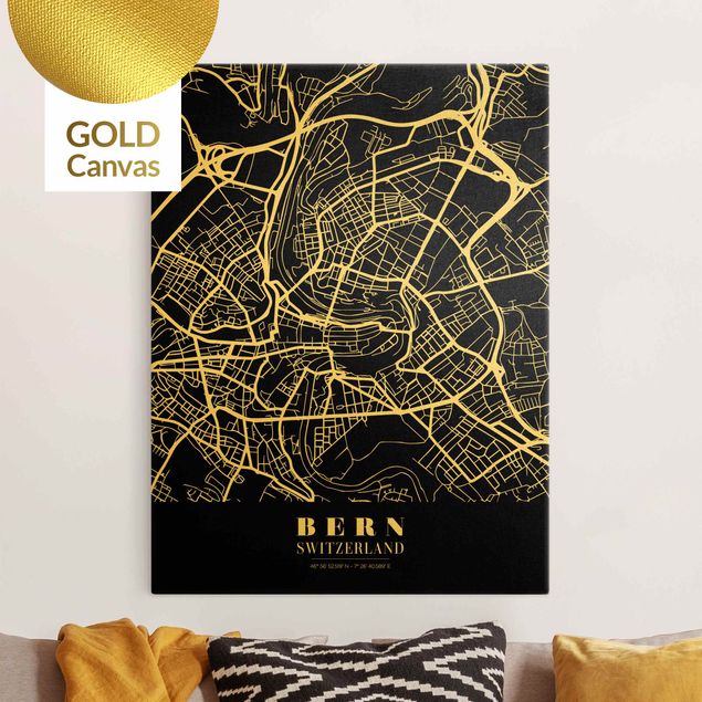 Leinwandbild Gold - Stadtplan Bern - Klassik Schwarz - Hochformat 3:4