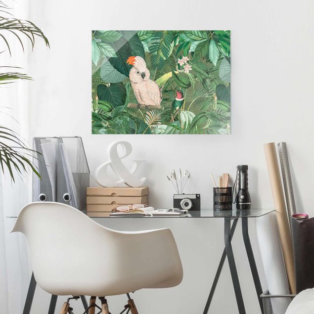 Glasbilder Pflanzen Vintage Collage - Kakadu und Kolibri