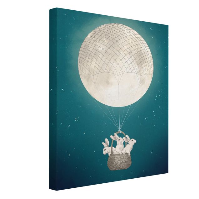 Leinwandbild Kunstdruck Illustration Hasen Mond-Heißluftballon Sternenhimmel