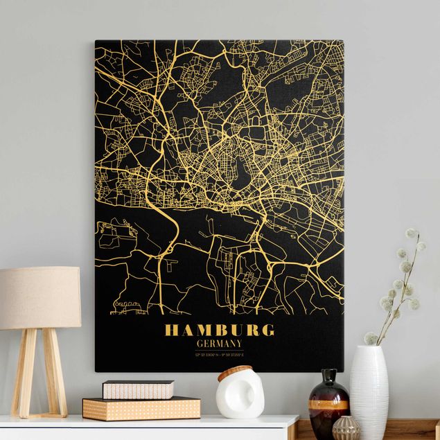 Leinwandbild Gold - Stadtplan Hamburg - Klassik Schwarz - Hochformat 3:4